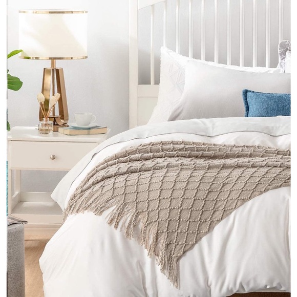 Navy Blue Diamond Bohemian Home Tassel Knit Throw Cozy Fringe Patterned Blanket - Picture 7 of 16